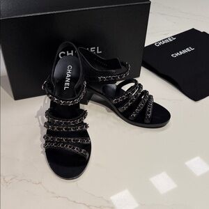 CHANEL Black Sandals with Silver Chain Detail